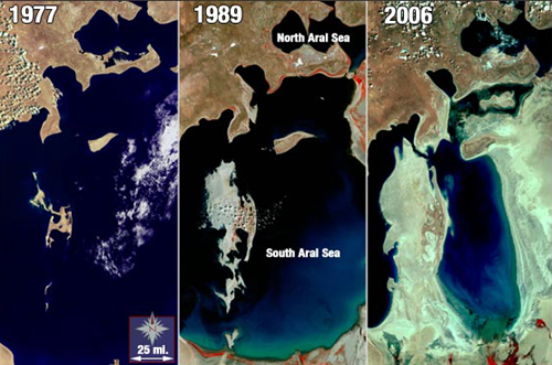 Az Aral-tó déli részének zsugorodása az elmúlt 30 évben (Forrás: NASA Goddard Space Flight Center)